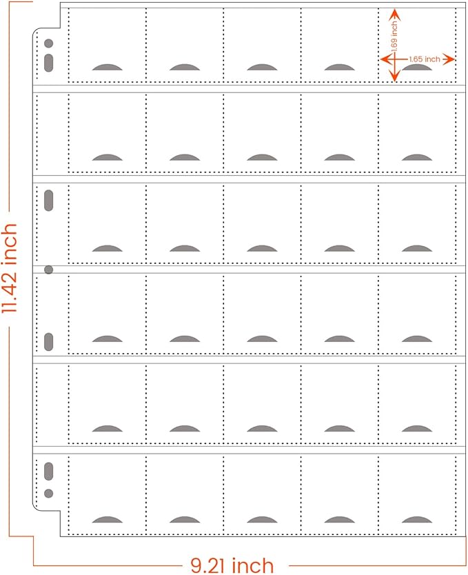 50-Sheets 30-Pocket Thumb-Cut Coin Pages - Coin Pocket Pages for 1.5 x 1.5 Inch Cardboard Coin Holder, Collecting Sleeves for Coin Flips, 1500 Pockets for Coin Binder, Coin Collection Storage Supplies