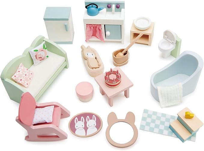 Tender Leaf Toys - Countryside Furniture Set - Fully Furnished Dollhouse Accessories - Bathroom, Living Room and Kitchen All in one, Miniature Pretend Play - Age 3+