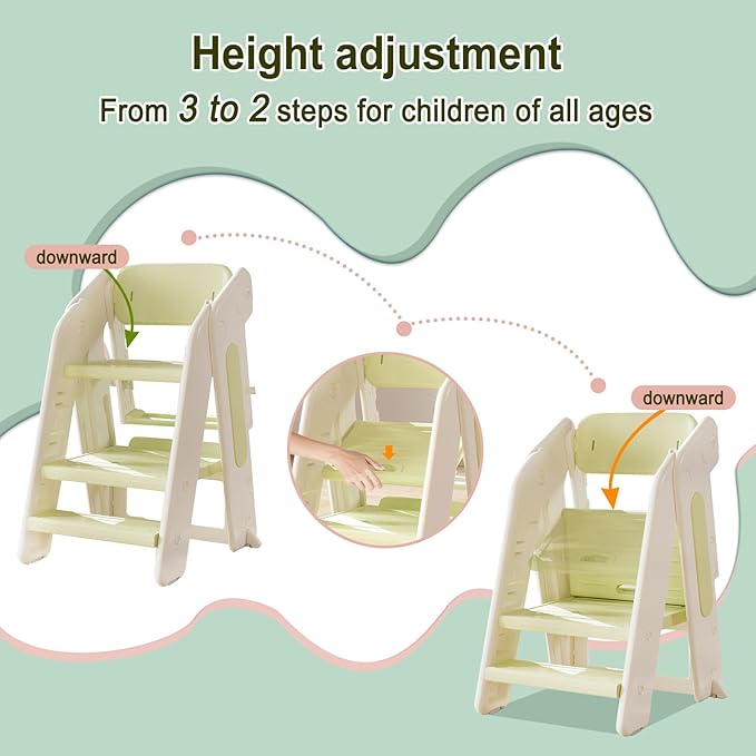 Toddler Tower Kitchen Stool Helper,Foldable/Adjustable Height Kids StandingTower Stool W/CPC Certification,for Kitchen Counter Bathroom Sink Cooking Child Ladder for Toddlers W/Safty Rail(Khaki Grey)