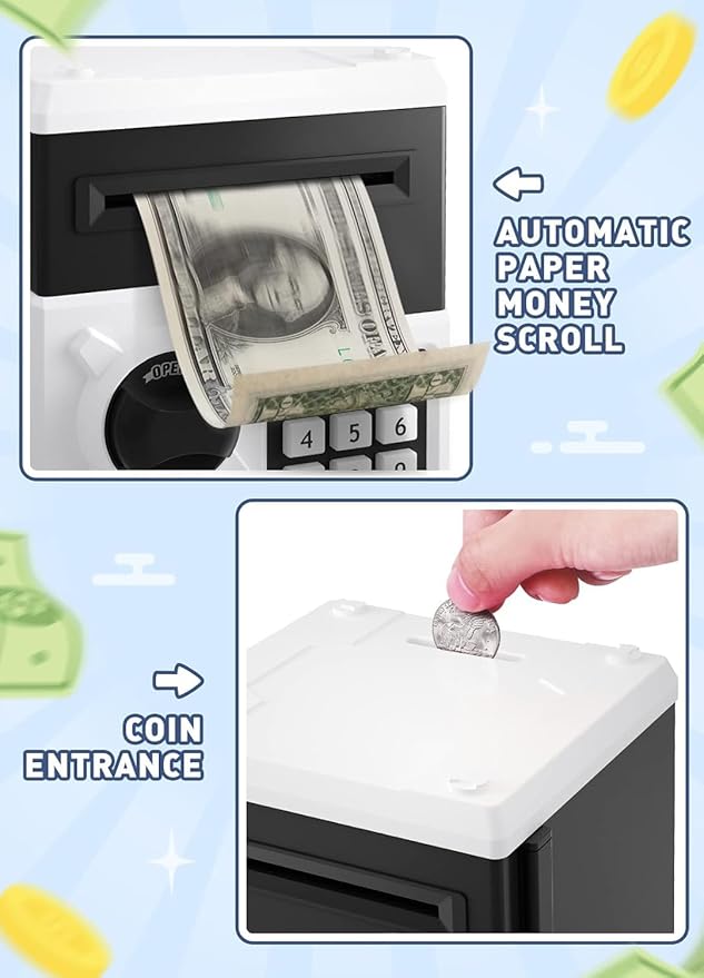 Piggy Bank for Girls Boys Large Electronic Money Coin Banks with Password Protection, Automatic Paper Money Scroll Saving Box, Great Gift for Kids(Black-White)