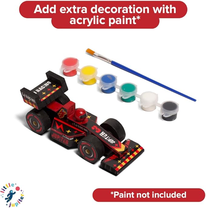 Little Jupiter DIY Wooden Kits w/Stickers - Stem Building Toys - Wood Crafts - Woodworking Kits - Wood Building Kits for Ages 4-7 Yrs (Open & Closed Wheel Race Cars)