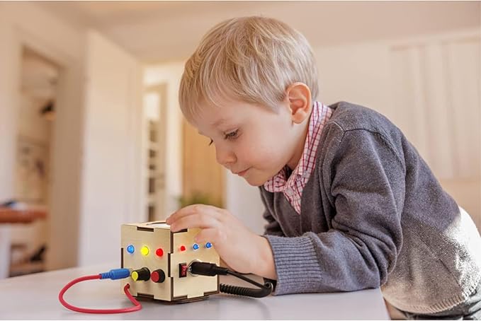 Crown Display Montessori Busy Board Fidget Cube for Toddlers {Improved 2023 Version} Wooden Sensory Activity Cube Toys LED Light Up Buttons Pluggable Wires Baby Gifts Educational Learning Toy