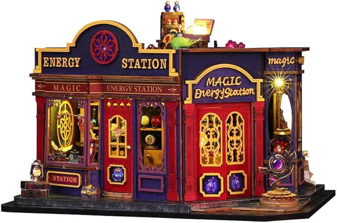 DIY Book Nook Kit - DIY Miniature Dolls House Kit with Furniture and LED Light, 3D Puzzle Wooden Art Bookends, Model Kits for Adults to Build (Magic Energy Station)