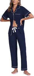 CF Womens 100% Cotton Pajamas Set Button Down Pjs Sets Short Sleeve Top & Long Pants Sleepwear Comfy Loungewear with Pockets