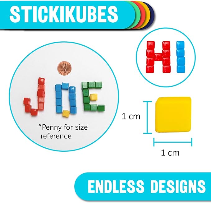KOMARC GAMES StickiKubes, Mini Stacking Cubes That Stick to Anything, Non Toxic Kid Safe Sticky Blocks, Creative Construction Toy - 36 Cubes, 4 Colors, Display Easel