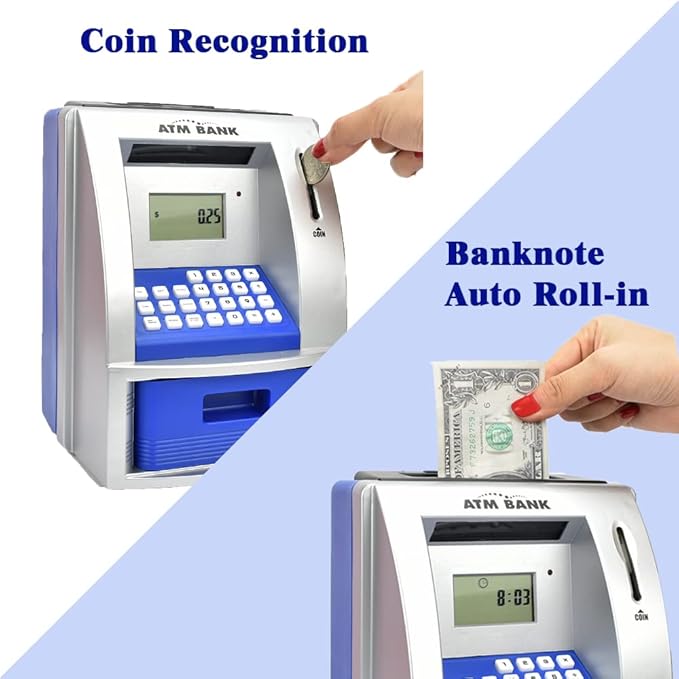 ATM Piggy Bank for Kids, Electronic Money Bank with Coin Counter, Goal Tracker, Password & Card, Auto Bill Intake with Voice Prompts – Compact Savings Gift for Boys & Girls Ages 6–12 (Blue)
