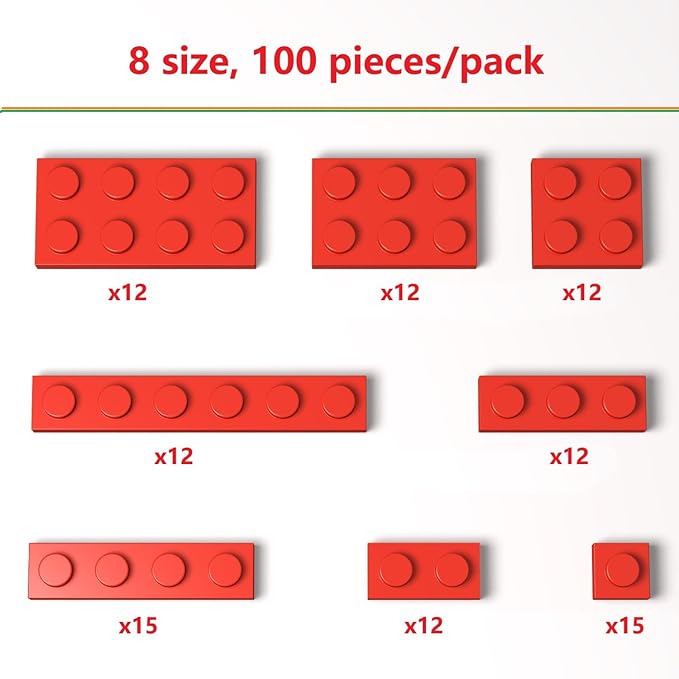 100 Pieces Classic Building Plate Assortment Pack, 8 Sizes Small Baseplates Multipacks, Compatible with Lego Parts and Pieces, Small Plate for Building(Color:Red)