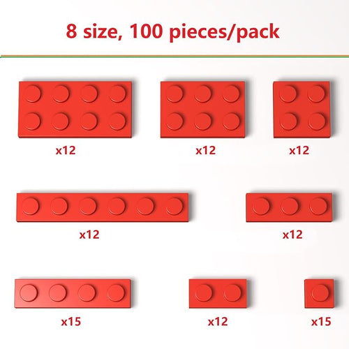 100 Pieces Classic Building Plate Assortment Pack, 8 Sizes Small Baseplates Multipacks, Compatible with Lego Parts and Pieces, Small Plate for Building(Color:Red)