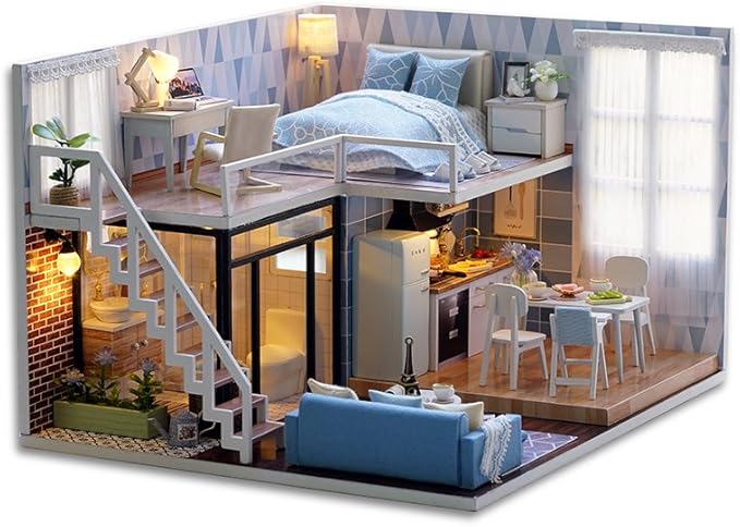 CUTEROOM DIY Miniature Dollhouse Kit with Furniture,Wooden Doll House Plus Music Movement & LED Lights, DIY House Kit for Christmas Birthday- Blue Times