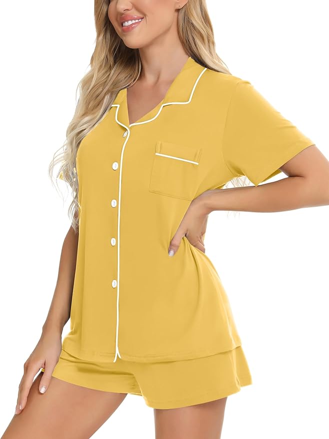 SWOMOG Womens Button Down Pajamas Set Short Sleeve Sleepwear Bride Soft Pj Lounge Sets XS-3XL