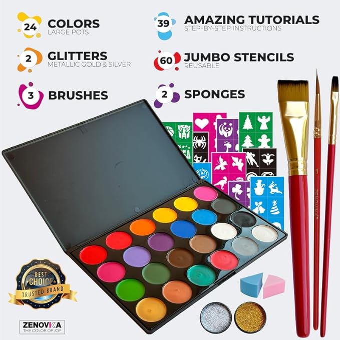 Face Painting Kit for Kids - Non-Toxic and Hypoallergenic Face Paint Kit with 24 Colors, Stencils, Book, and Professional Halloween Makeup Kit - Safe and Easy to Use Face Paint Kit for Kids