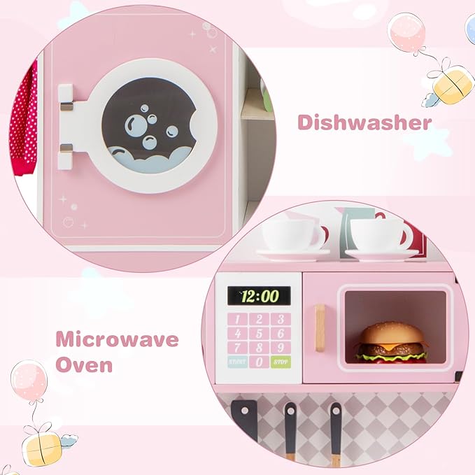 INFANS Kids Kitchen Playset, Toddler Wooden Kitchen Pretend Cooking Toy Set with Coffee Maker Ice Machine Dishwasher Microwave Storage Cabinet, Simulation Play Kitchen for Boys Girls 3+ (Pink)