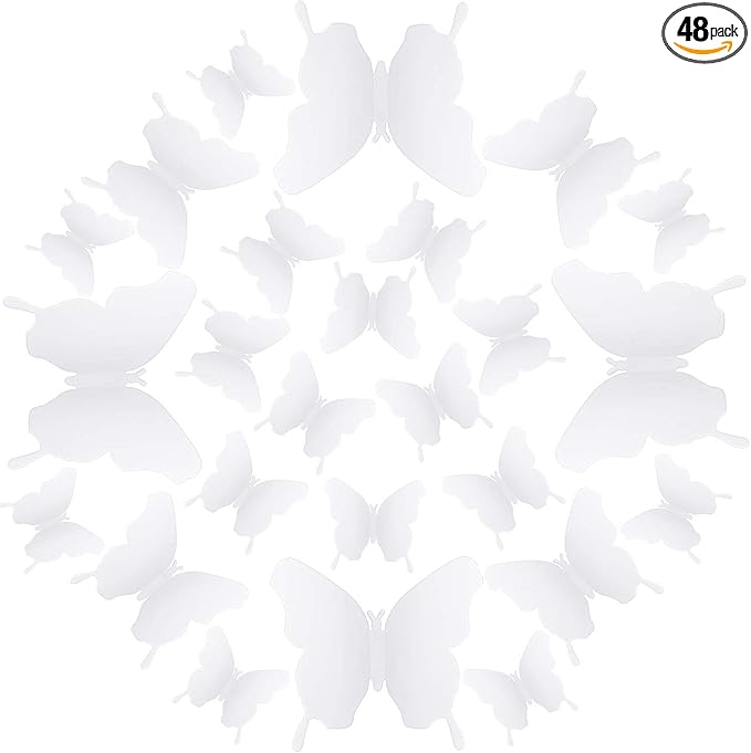 BBTO 48 Pieces Butterfly Wall Decor DIY Mirror 3D Butterfly Stickers Removable Decals for Home Bedroom School Bathroom Living Room Decor(White)