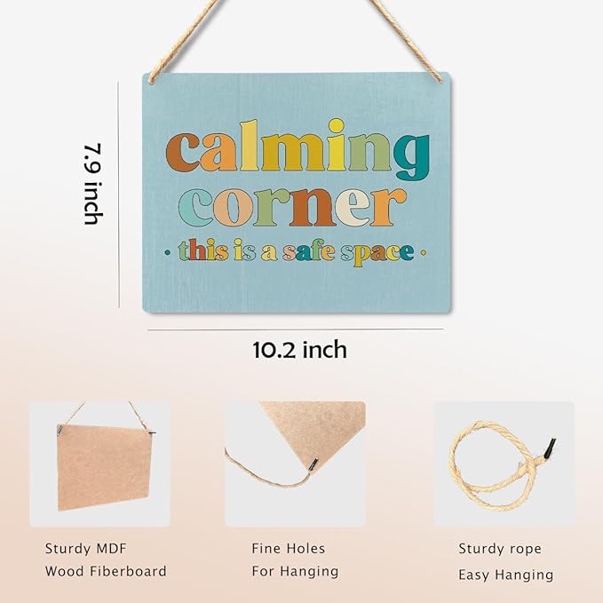 Calming Corner Hanging Wood Sign - Safe Space, Classroom Decor, School Counselor Office, Calm Down Corner Decorations, Boho Style (Blue), 10x8