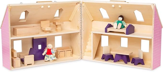 Melissa & Doug Fold and Go Wooden Dollhouse with 2 Dolls and Wooden Furniture,Multi,One Size