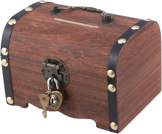 Piggy Bank: Vintage Wood Treasure Chest Rustic Small Wooden Box Decorative Coin Bank Money Bank Money Saver Storage Box for Wedding Home Decor