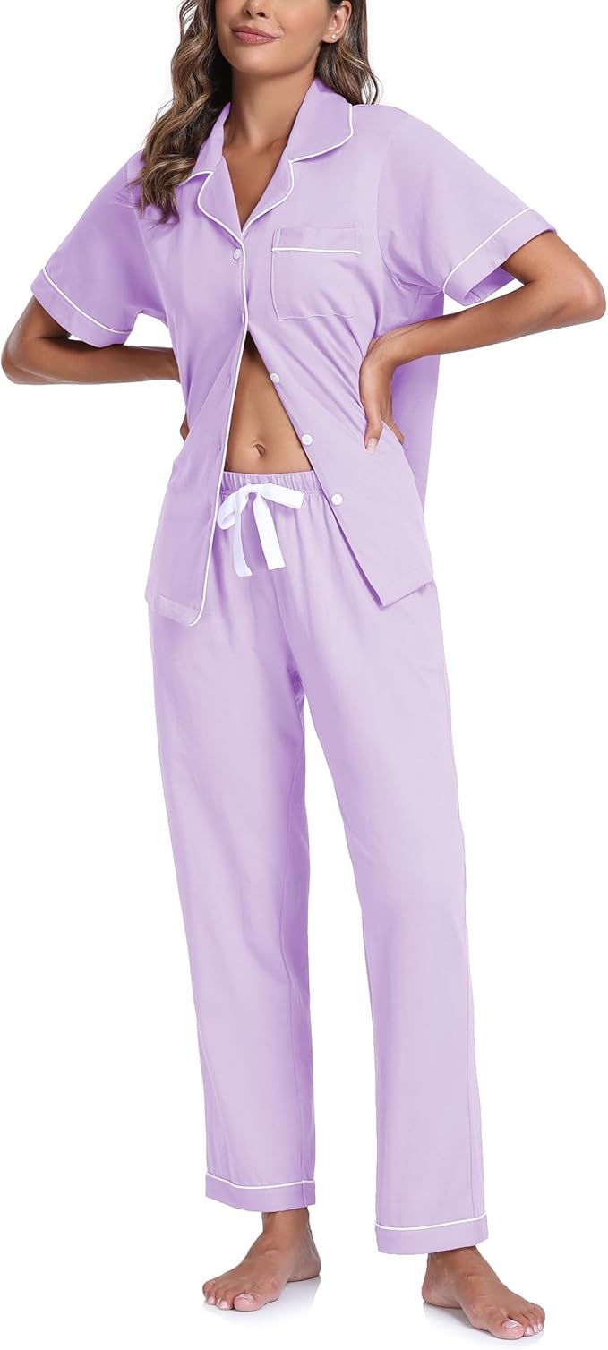 CF Womens 100% Cotton Pajamas Set Button Down Pjs Sets Short Sleeve Top & Long Pants Sleepwear Comfy Loungewear with Pockets