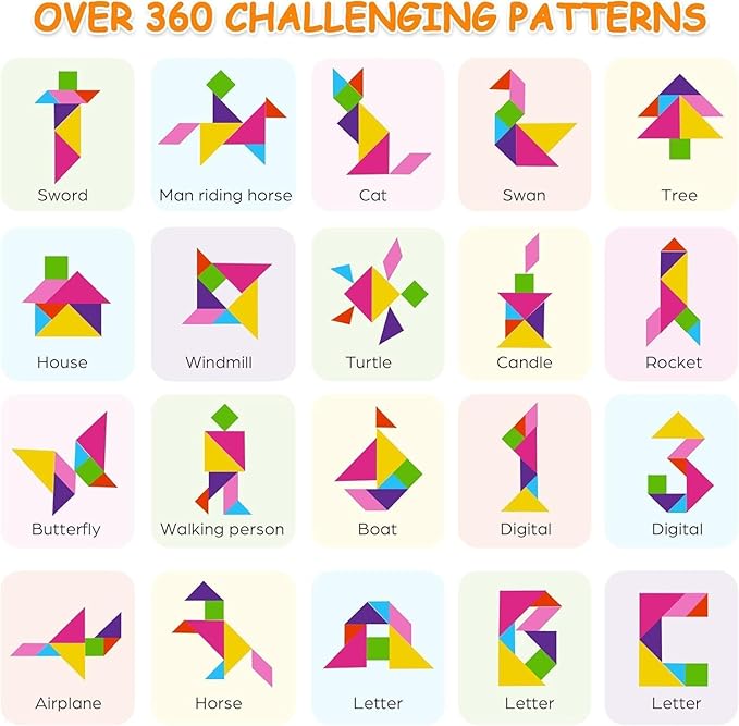 FOOZZILLA Magnetic Tangram Puzzle Set - 2 Sets of Magnetic Pattern Blocks for Road Trip Games and Educational Jigsaw Challenges - Brain-Teasing Fun for Kids and Adults with 368 Solutions