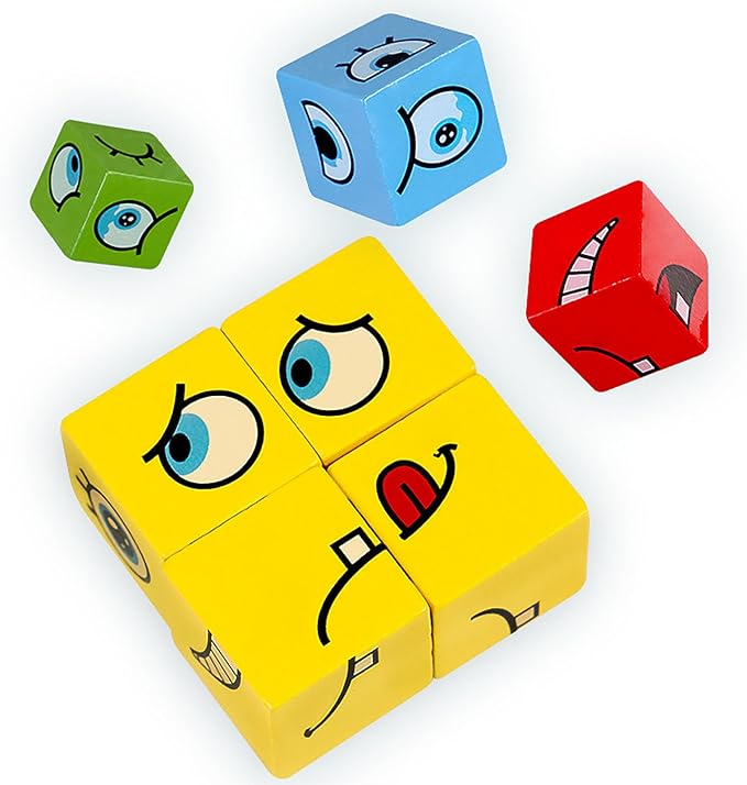Large Wooden Face Expression Puzzle Building Cubes Manipulatives Face Changing Magic Cube Puzzles Matching Game with Bell Logical Thinking Training Brain Educational Montessori STEM Toys