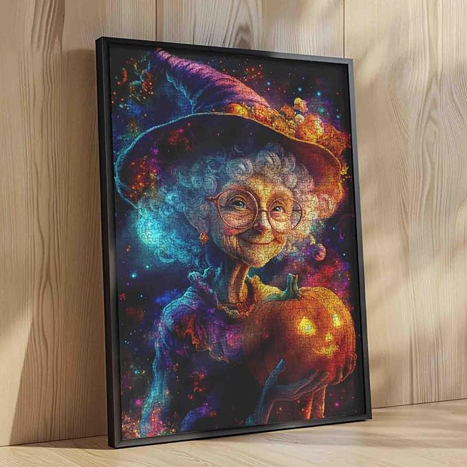 Grandma Witch Holding Pumpkin Lantern in Cosmic 1000 Piece Jigsaw Puzzle for Adults Students 20×27 Inches Halloween Magic Puzzle with Stars and Galaxy Background Unique Fantasy Gift for Home Decor