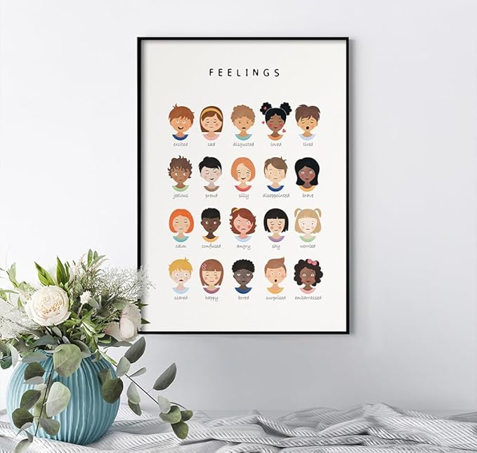 uoyien Feelings Chart And Emotions Poster For kids Mental Health Awareness Canvas Wall Art Special Emotions Faces Calm Corner Prints Classroom Social Worker Office Decor 16x22in Metal Framed
