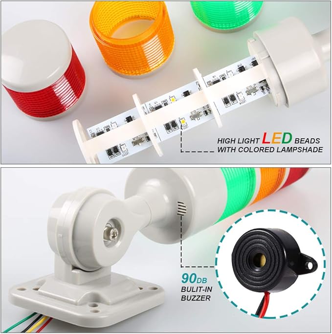 Stack Lights, Industrial Signal Tower with Rotatable Base, Steady/Flashing Light Switchable, 12V/24V DC (3-Layer, No Buzzer)