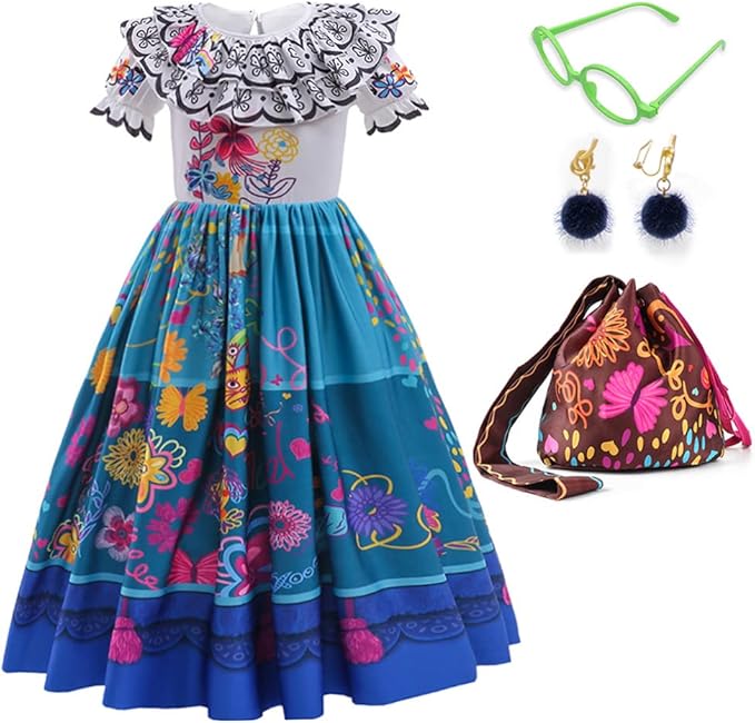 Encanto Dress - Mirabel Dress, Isabella Costume for Girls - Cosplay Dress Up With Glasses & Earrings