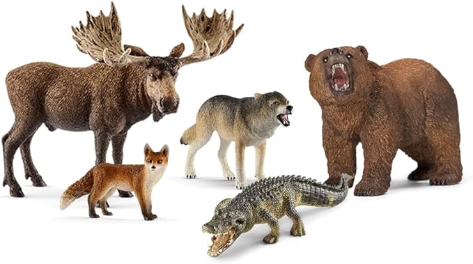 Schleich Wild Life, Realistic North American and Woodland Animal Toys for Kids, Animal Set with Moose, Grizzly Bear, Fox, Wolf and Alligator Toys, Ages 3+