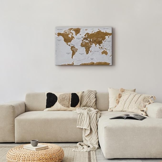 Artgeist Canvas Wall Art Print World Map 35x24 in - 1pcs Picture with Acoustic Foam Sound Print Artwork Room Acoustics Soundproofing World Travel Map k-A-0104-b-b