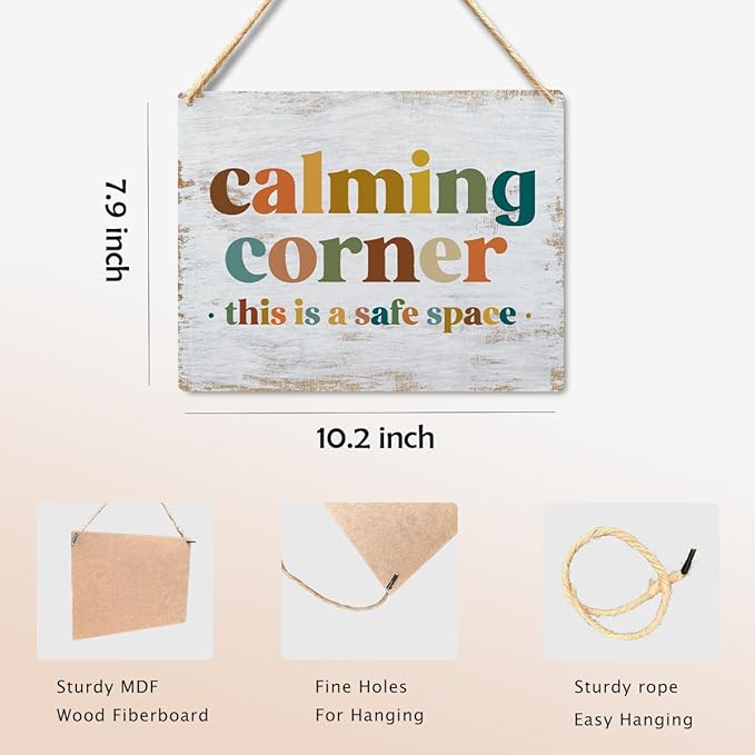 Calming Corner - Safe Space Hanging Wood Sign Plaque, Classroom & Office Decor, Calm Down Corner Decorations, Boho Style(Yellowish White), 10x8