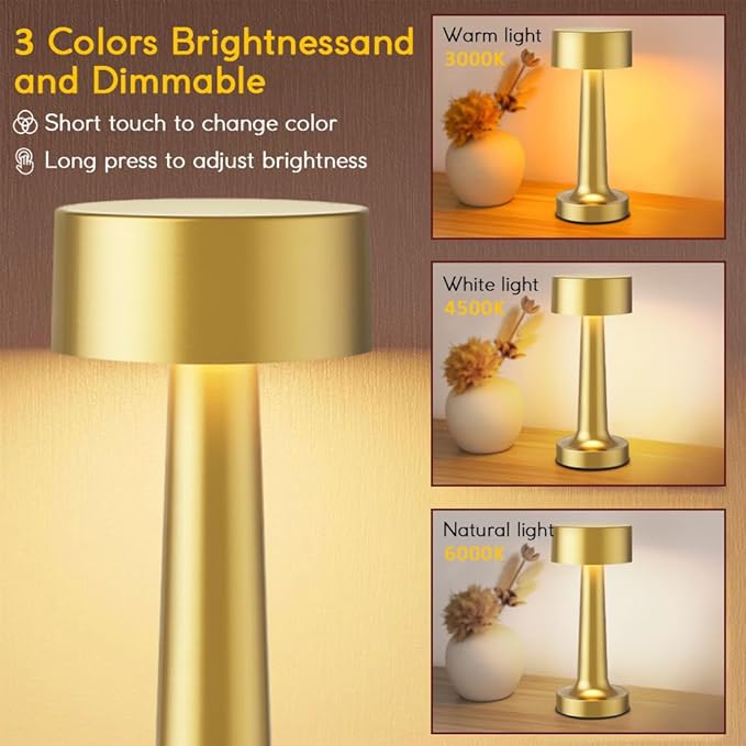 Portable LED Table Lamp, 3-Levels Brightness Metal Desk Lamp,3 Color Touch Control Rechargeable Lamp, Ideal Bedside Lamp for Nightstand,Bedroom, Living Room (Gold)