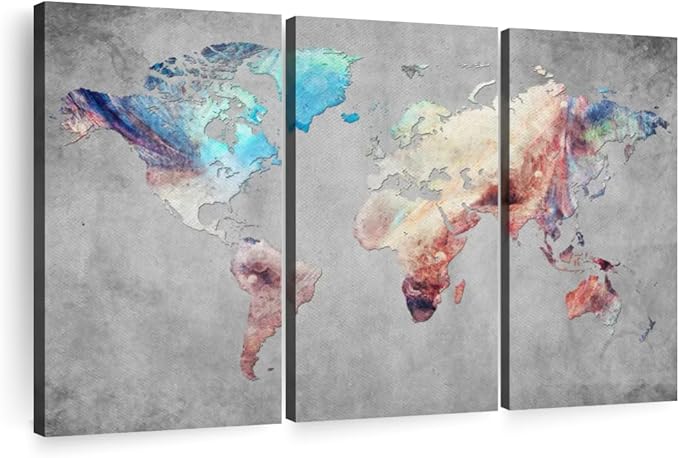 ElephantStock Artistic Touch World Map Multi Piece Canvas - 3 Panel Wall Decor - Map of the World Art - Canvas for the Office and Home - 38" X 24"