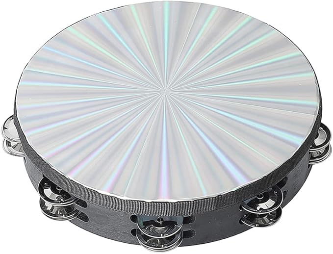 Musfunny Radiant Tambourine 10 inch for Adults 2-Row Jingles Bell Reflective Tambourines Hand Held Drum Musical Instrument for Kids Education KTV Party Church - 10 inch