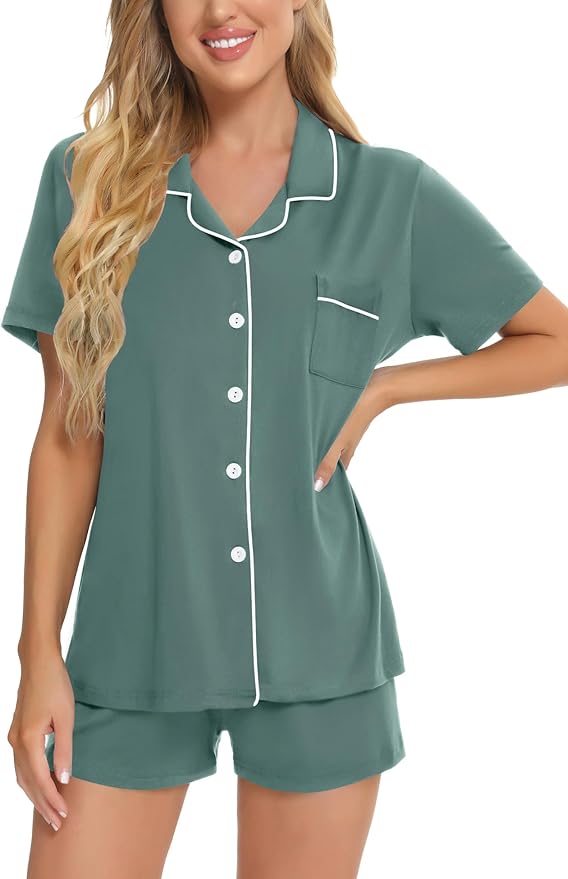 SWOMOG Womens Button Down Pajamas Set Short Sleeve Sleepwear Bride Soft Pj Lounge Sets XS-3XL