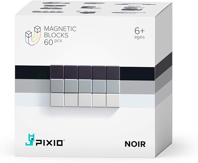 PIXIO Noir - Tiny Magnetic Blocks Building Toy in The Pixel Art Style with Free App - 5/16" Plastic Cubes with 6 Magnets Inside - Open Ended Toy - Creativity Toy for Ages 6+ - 60pcs