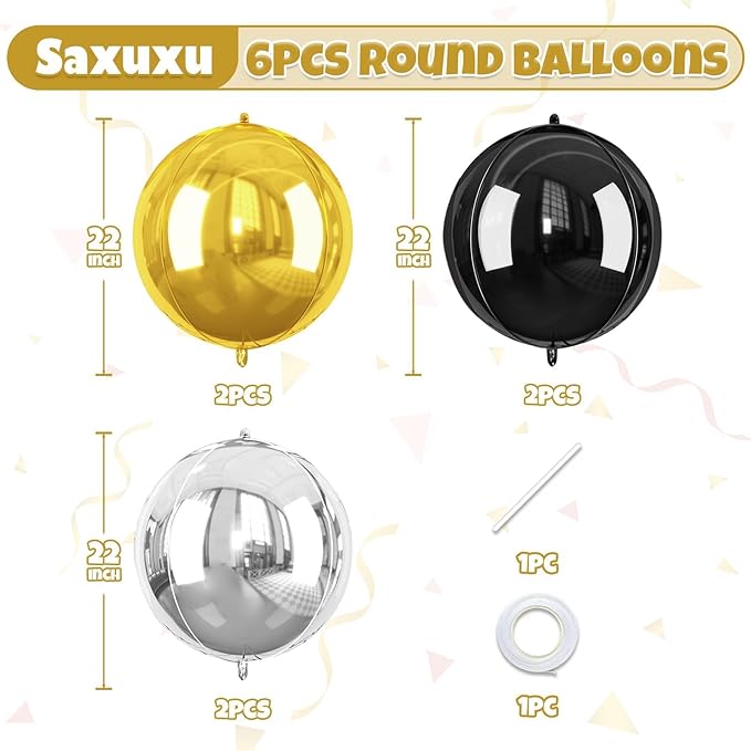 Giant 4D Foil Balloons, 6Pcs Large Metallic Black Gold Silver Round Balloons, 22 Inch Big Round Foil Balloon for Graduation Decorations Class Of 2025, Birthday Party Baby Shower Decoration