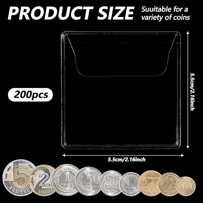simarro 200Pcs Single Pocket Coin Flips Coin Sleeves Holders, 2.2x2.2 Inch Clear PVC Coin Protectors Badge Commemorative Coin Packaging Bag for Coins Jewelry and Small Items Storage