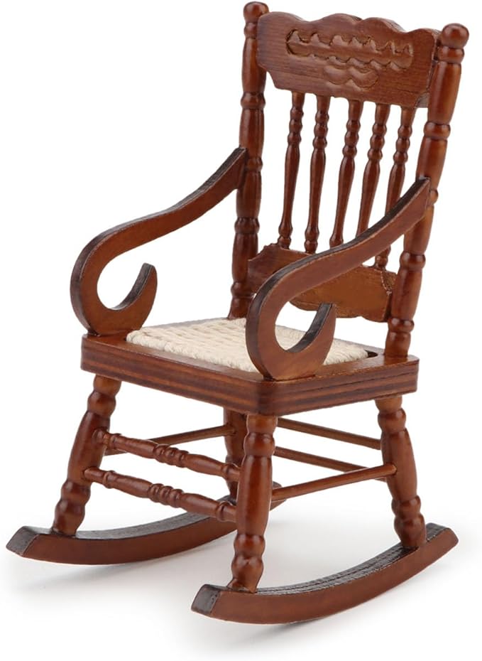 Dollhouse Miniature Rocking Chair 1:12 Scale Wooden Furniture Accessories Tiny Mini House Home Outdoor Cake Topper Decoration Model Living Room Scene Christmas Craft Displays (Brown)