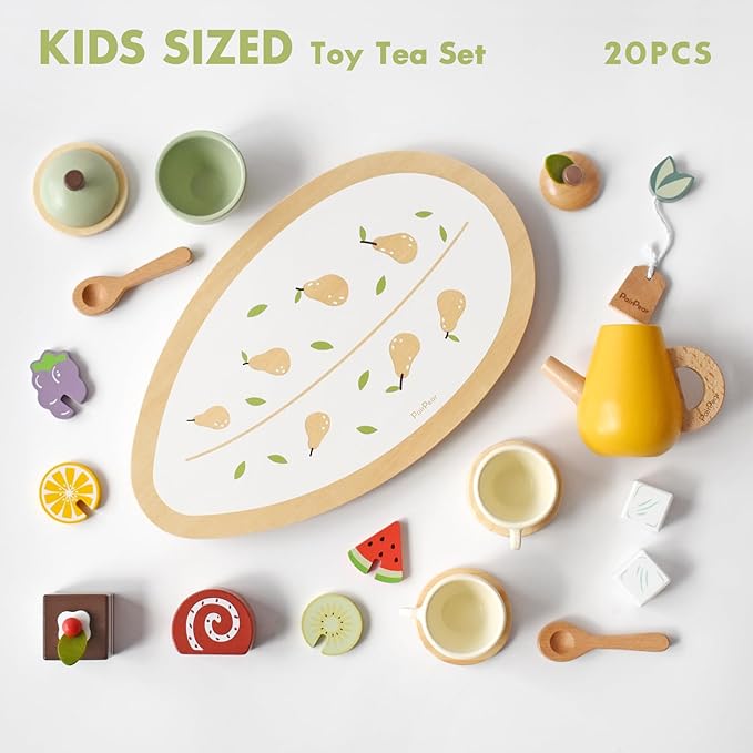 PairPear Wooden Tea Party Set for Little Girls 20pcs Pretend Play Fruit Tea Set with Pear Teapot, Dessert & Citrus Slices, Kids Kitchen Accessories Wooden Toys Food for Toddlers & Kids 3+