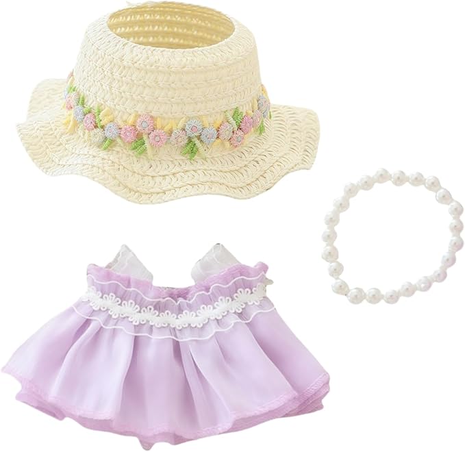 Clothes for Dolls Accessories, Outfit Set 3 Pieces Gauze Dress for 15cm 17cm Doll (No Doll), Romantic Hat Skirt Doll Clothing Set Replacement Purple