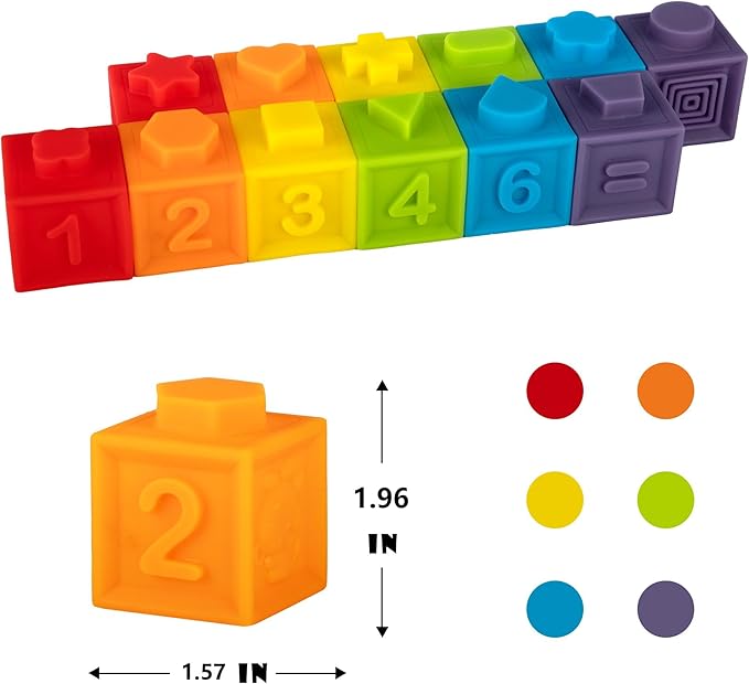 Ganowo 12PCS Mini Soft Stacking Blocks Toys, Educational Squeeze Teeth Baby Toys with Numbers Animals for 6 Months Up Baby Building Blocks Christmas Stocking Stuffers for Baby Toddlers Gifts