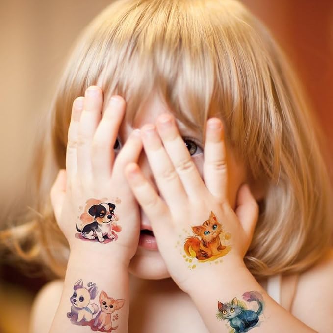 Watercolor Puppy and Kitten Temporary Tattoos for Kids, 10 Sheets Cute Watercolor Dog Cat Pet Tattoos Birthday Party Supplies Gifts Decoration