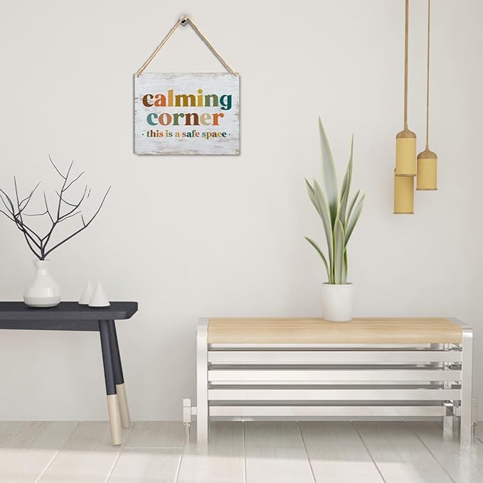 Calming Corner - Safe Space Hanging Wood Sign Plaque, Classroom & Office Decor, Calm Down Corner Decorations, Boho Style(Yellowish White), 10x8