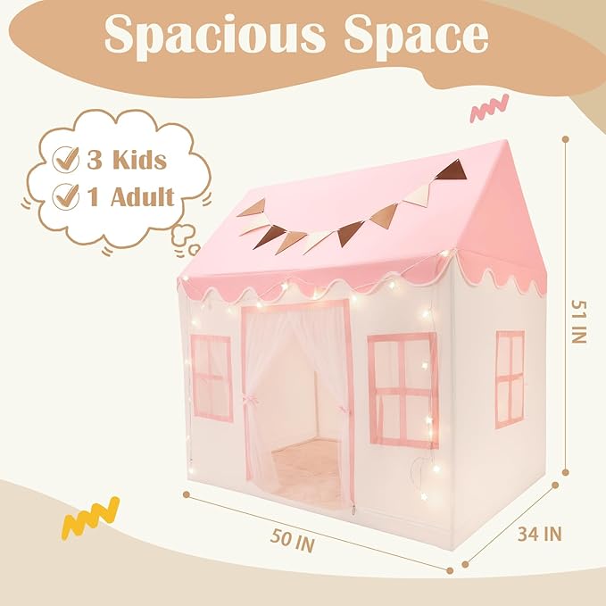 Kids Play Tent with Non-Slip Mat, Star String, Decorating Flag, Machine Washable Large Playhouse, Indoor and Outdoor Play Tent for Kids, Pink, 47" x 40" x 52"