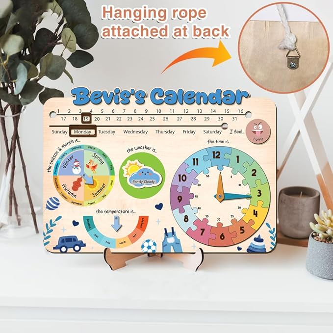 Interactive Calendar for Kids Ages 3+, Wooden Toddler Calendar, Teaching Seasons, Years, Months, Days of Week, Daily Activity Calendars for Kid Preschool & Homeschool (04 - boy Name)
