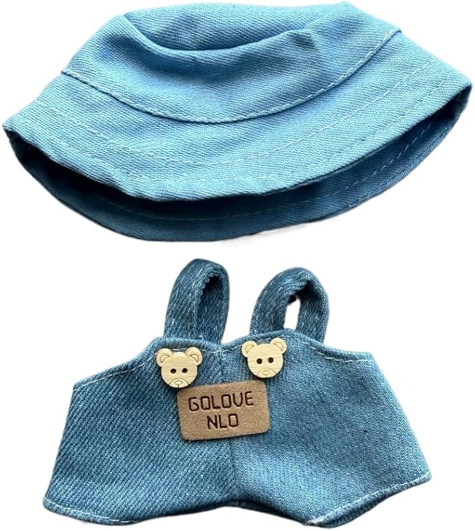 17cm Doll Clothes Set(No Doll), Hat & Overalls Set for 17cm Labubu Suit, Cute Cloth for Dress up Unique Style Dolls Outfit Stylish Clothes for Labubu (Bear Button Denim)