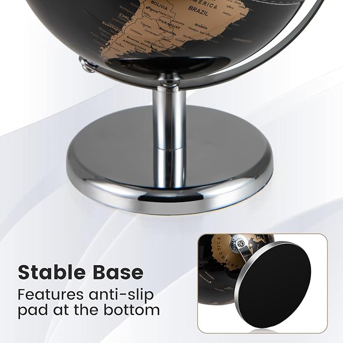 Goplus 8-Inch Metallic Black World Globe, Rotating Earth Globe w/Metal Stand, Modern Desktop Decoration for Home, Office (Black + Gold)