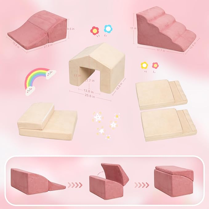 Foam Climbing Toys for Toddlers, 6PCS Climb and Crawl Activity Playset, 5 in 1 Soft Crawling Climbing Blocks Indoor, Toddler Play Climbing and Ball Pit with Slide Stairs and Ramp