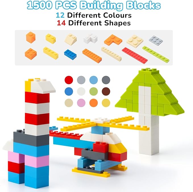 1500 Pieces Classic Building Bricks Set – Bulk Basic Blocks in 12 Colors & 14 Shapes, Compatible Bulk Block, STEM Educational Toy Suitable for Boys & Girls Ages 6+, Packed in Box.