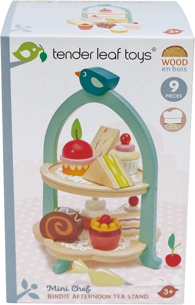 Tender Leaf Toys - Mini Chef Birdie Afternoon Tea Stand – Realistic English Sandwich, Cake and Pastry Tower for Pretend Play High-Tea Party - Social, Creative, and Imaginative Role Play - Age 3+